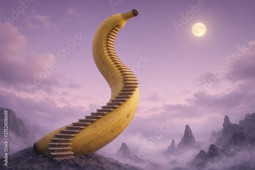 A surreal banana with a spiral staircase ascending through a misty mountain landscape under a full moon at twilight