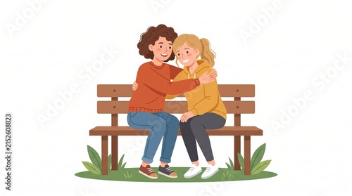 Two young women friends hugging on a park bench offering comfort and support