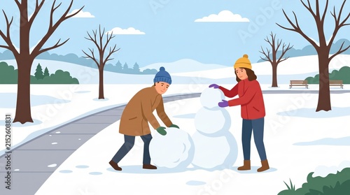 Children building a snowman in a snowy park during winter season