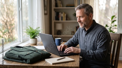 Mature man working on laptop at home office desk with green jacket and plant