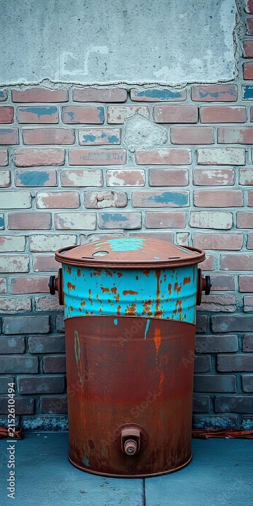 Obraz premium Rusty metal garbage can with faded lid leaning against a worn brick wall, curb, urban landscape