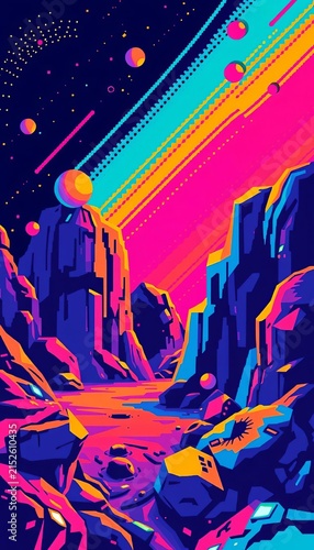 Retro-style pixel art graphics with abstract shapes and bright colors, retro, shape
