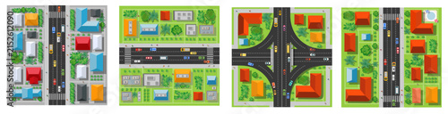 City street network with cars and buildings top view