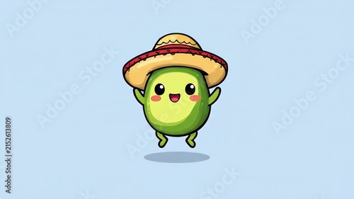 Cute cartoon avocado wearing a sombrero on light blue background