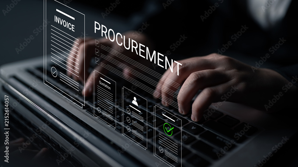 Obraz premium A focused business professional types on a laptop, surrounded by digital representations of invoices and procurement documents, symbolizing modern financial processes. Cyphers