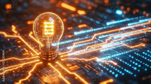 Glowing light bulb on futuristic circuit board illuminating technology