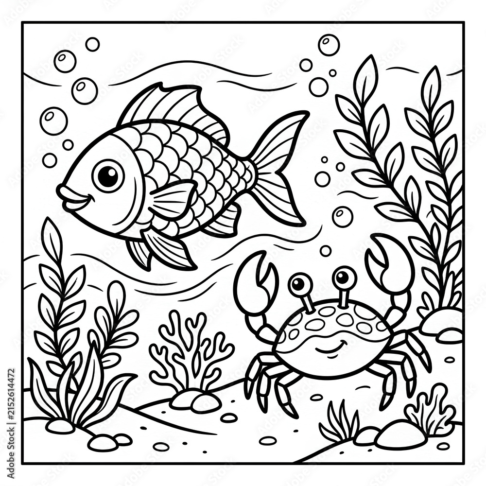 Fototapeta premium Coloring Page of Fish and Crab in Underwater Scene.