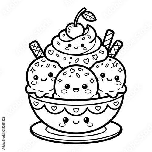 Cute Cartoon Ice Cream Sundae with Toppings and Smiling Faces.