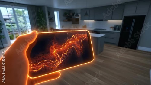Augmented reality visualization on phone in modern kitchen setting
