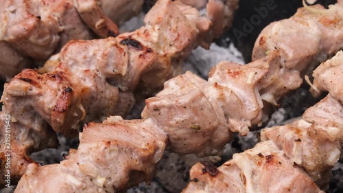 Juicy pork shashlik browning on metal skewers above hot charcoal, capturing traditional outdoor barbecue cooking with smoky flavor, golden crust, and tender grilled meat