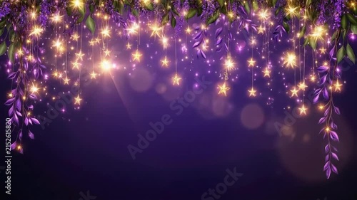 Enchanted garden: glowing stars and purple foliage on night sky background