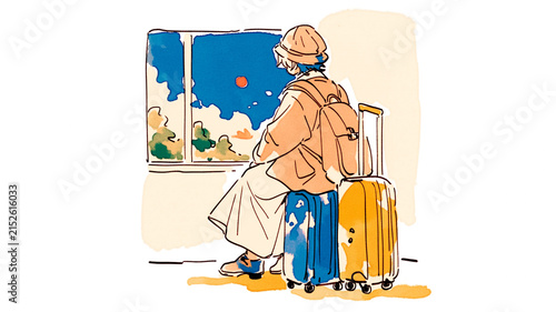 街並みを見ている旅行者のイラスト