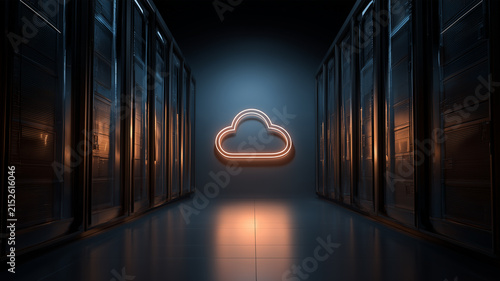 A cloud icon appears between server racks representing cloud computing and centralized data infrastructure.
