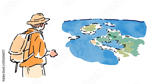 街並みを見ている旅行者のイラスト