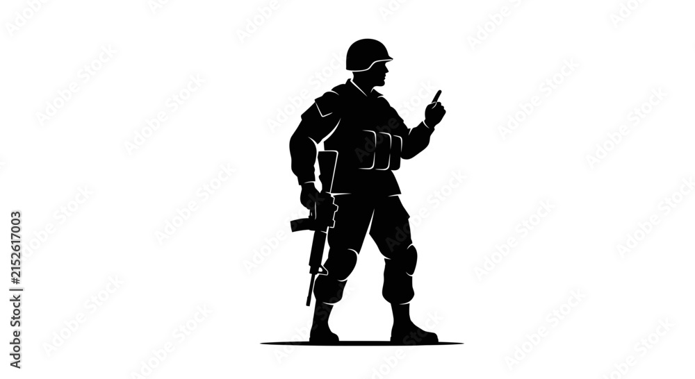 Obraz premium Black silhouette of a soldier standing with a rifle and pointing a finger.