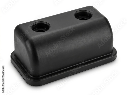 Black plastic mounting bracket with two screw holes mounting hardware