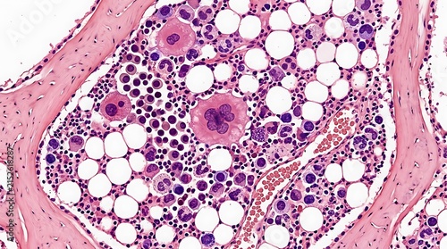 Histology section of human bone marrow showing megakaryocytes and cells