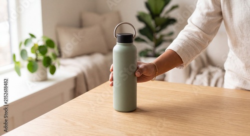 Person holding a reusable sage green water bottle on a wooden table in a bright home interior