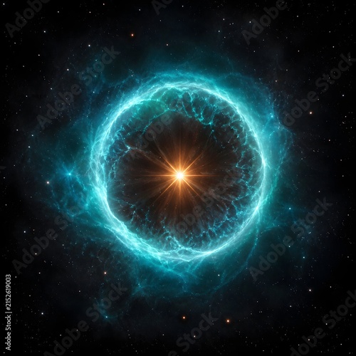 Star Surrounded by Turquoise Ring of Ionized Gas with Crisp Detail and Deep Space Darkness