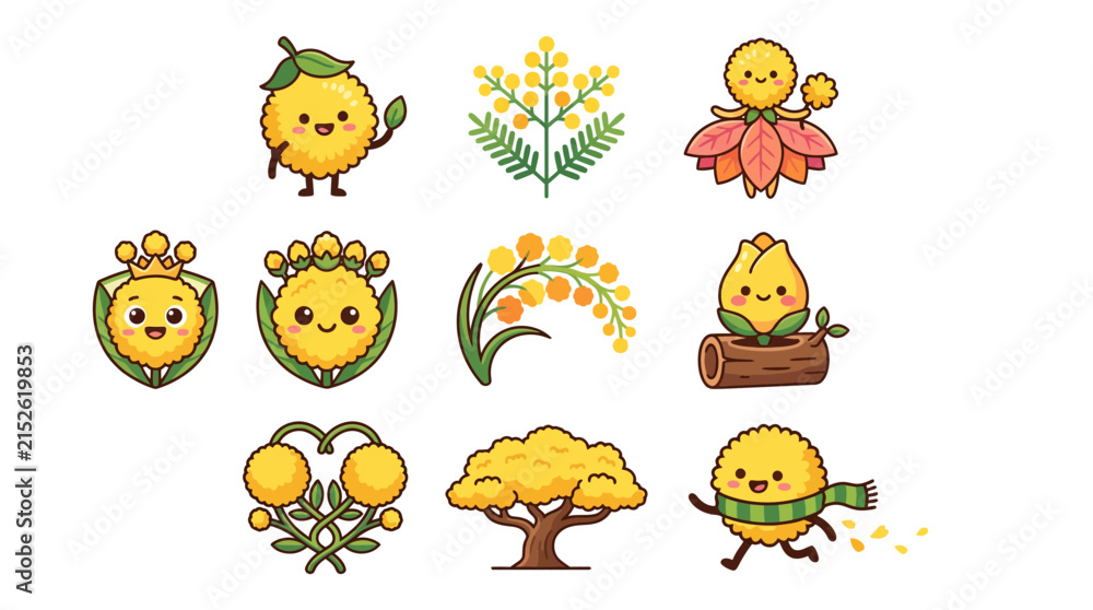 Fototapeta premium Yellow mimosa flower characters in whimsical poses and groupings.