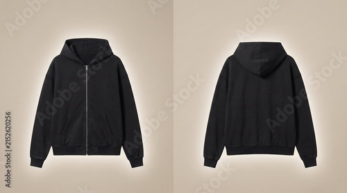 Black zip up hoodie front and back view mockup with sweatshirt clothing template unbranded presentation