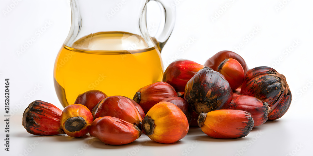 Fototapeta premium Oil palm seeds and cooking palm oil were exhibited in a separate space, emphasizing the importance of oil palms in culinary practices and their widespread use in different cooking methods.