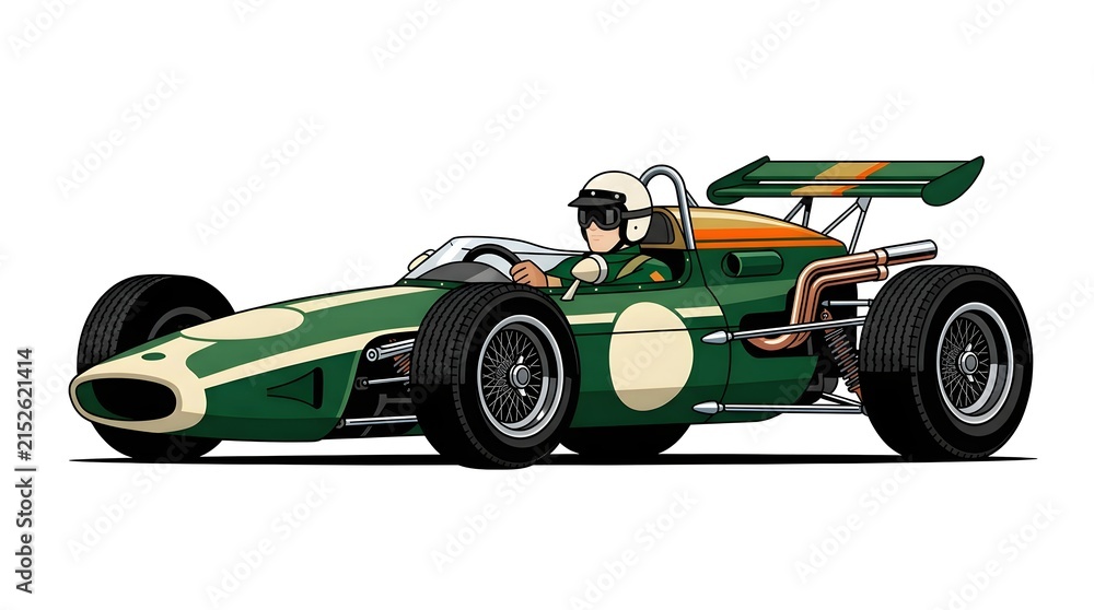 Fototapeta premium Vector illustration of a vintage green and orange open-wheel race car with a driver, isolated on white background