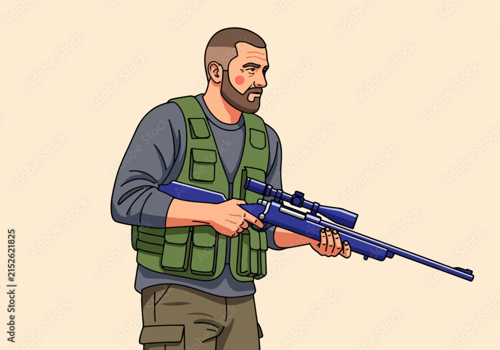 Obraz premium Armed soldier in tactical vest holding rifle