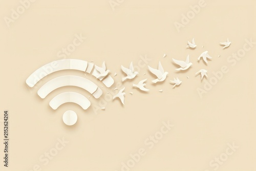 Minimalist wifi symbol transforming into flying birds, conceptual wireless internet freedom, beige paper cut style technology icon