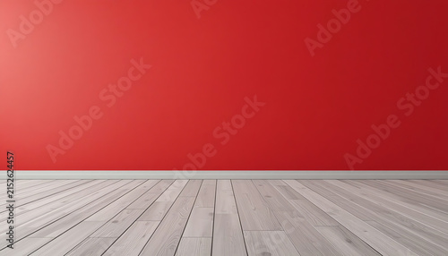 Empty room with painted red wall and white wooden floor realistic 3D rendering