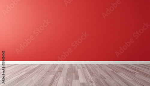 Empty room with painted red wall and white wooden floor realistic 3D rendering