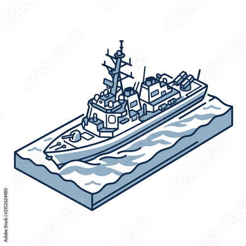 Photography Naval warship vessel cruising through ocean waters in isometric view