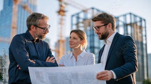 Architects and businesswoman reviewing blueprint at construction site
