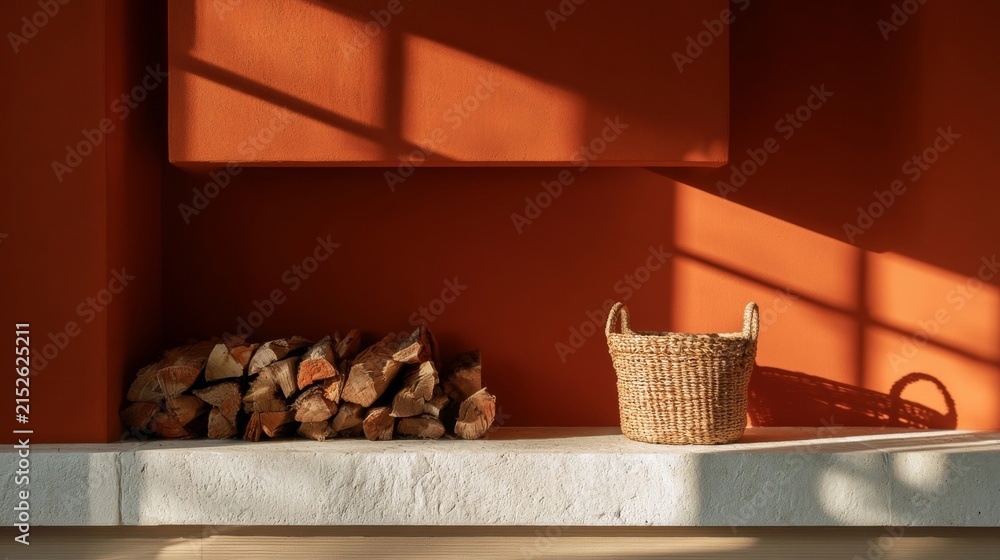 Fototapeta premium Fireplace wall mockup backdrop for cozy art print displays