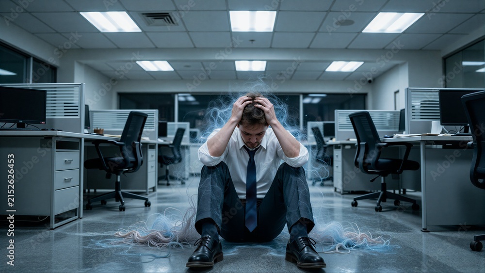 Fototapeta premium Stressed man in office, head in hands, smoke rising from his body.