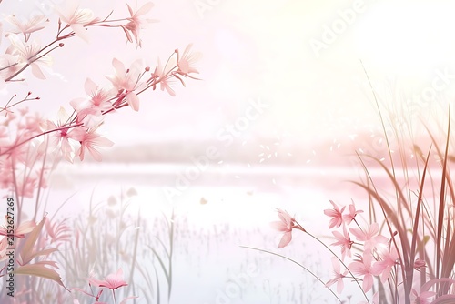 Soft Pink Spring Blossom Branches Overlooking a Gentle Serene Lake