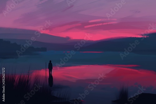 Solitary Figure by Calm Lake Under Dramatic Pink and Purple Sunset