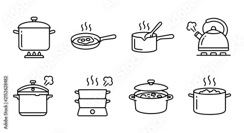 Cooking Pots and Pans Icons, Kitchenware Set, Food Preparation Vector Graphics