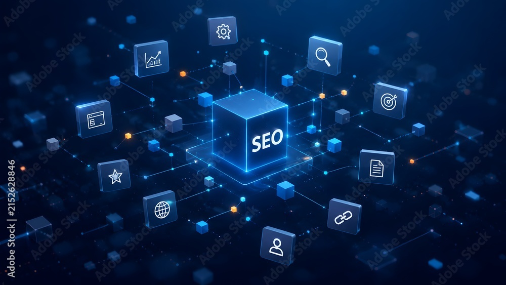 Naklejka premium Futuristic 3D SEO cube surrounded by digital marketing network icons. Search engine optimization strategy and website ranking concept.