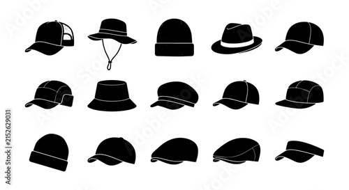 Diverse Headwear Collection, 15 Black Vector Icons for Fashion and Style Concepts