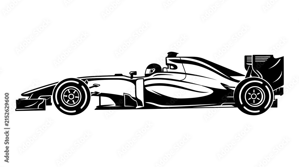 Naklejka premium Black and white silhouette of a formula one race car, side view vector illustration