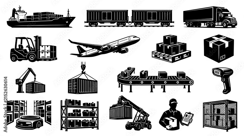 Fototapeta premium Logistics and Shipping Icons Set. Black White Vector Glyphs for Supply Chain Delivery Transportation.