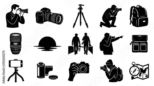 Photography Icons Set: Photographers, Cameras, Lenses, Tripods, Gear, and Travel Elements in Black  White Glyph Vector Style.