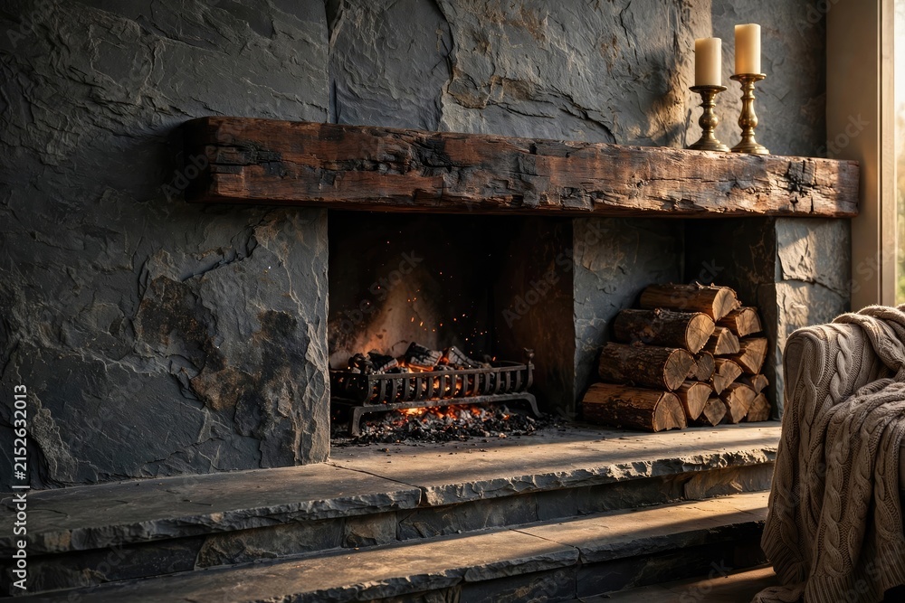 Obraz premium Rustic Stone Fireplace Mantel with Glowing Embers and Wood
