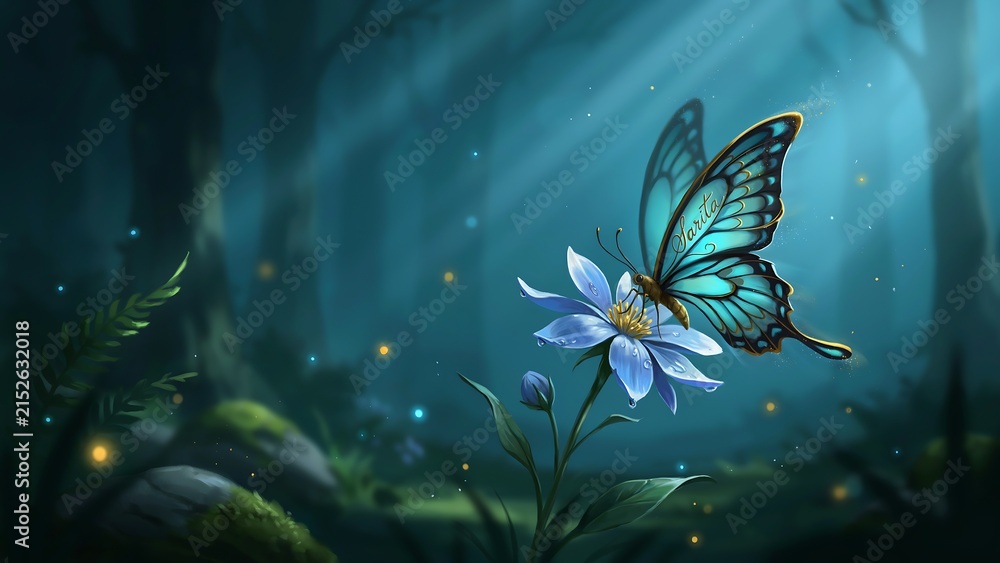Obraz premium A blue butterfly with intricate wing patterns perched on a glowing flower in a dark, mystical forest setting
