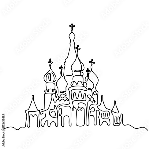 Fotografie Continuous line drawing of a cathedral with onion domes and ornate architectural towers