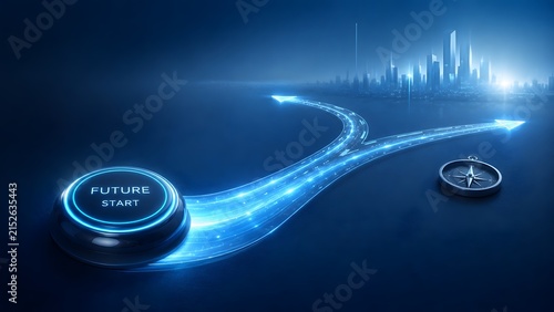 Future start concept with glowing blue fork in the road button and compass pointing towards a modern futuristic city skyline