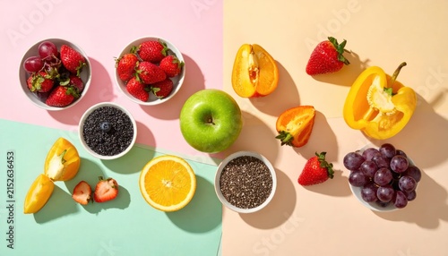 Vibrant Assortment of Fresh Fruits and Vegetables on a Split Background.