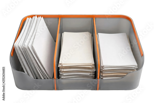 Stacks of Organized Documents in a Modern Filing Tray