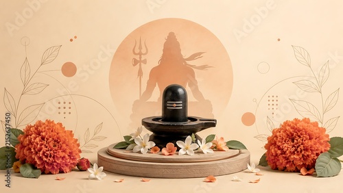 Traditional black shivling idol with holy tilak placed on a decorative wooden altar surrounded by vibrant orange marigold flowers for auspicious puja ceremonies